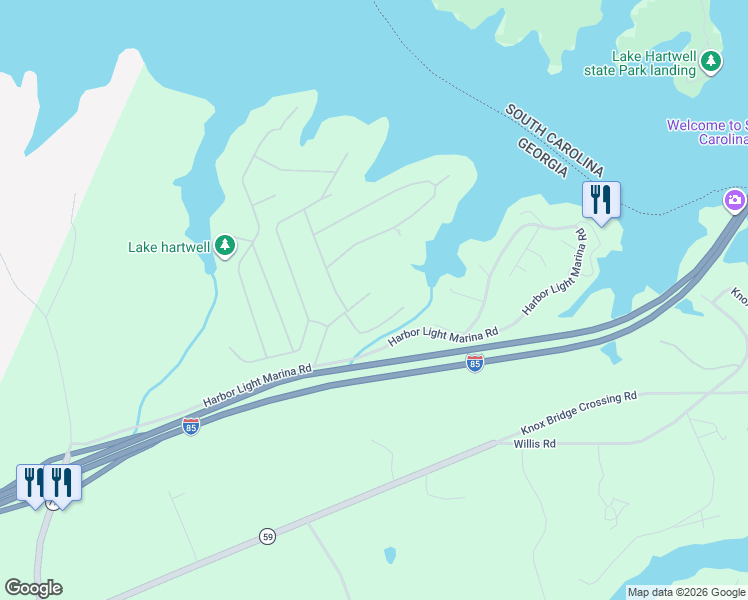 map of restaurants, bars, coffee shops, grocery stores, and more near 233 Harbor Heights Circle in Lavonia