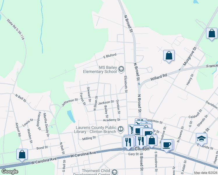 map of restaurants, bars, coffee shops, grocery stores, and more near 404 Florence Street in Clinton