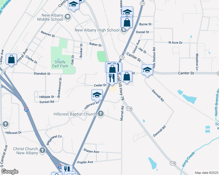 map of restaurants, bars, coffee shops, grocery stores, and more near 1099 Cedar Drive in New Albany