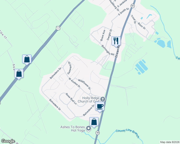 map of restaurants, bars, coffee shops, grocery stores, and more near 457 Belvedere Drive in Holly Ridge