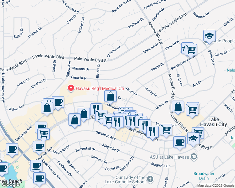 map of restaurants, bars, coffee shops, grocery stores, and more near 2015 Moyo Drive in Lake Havasu City
