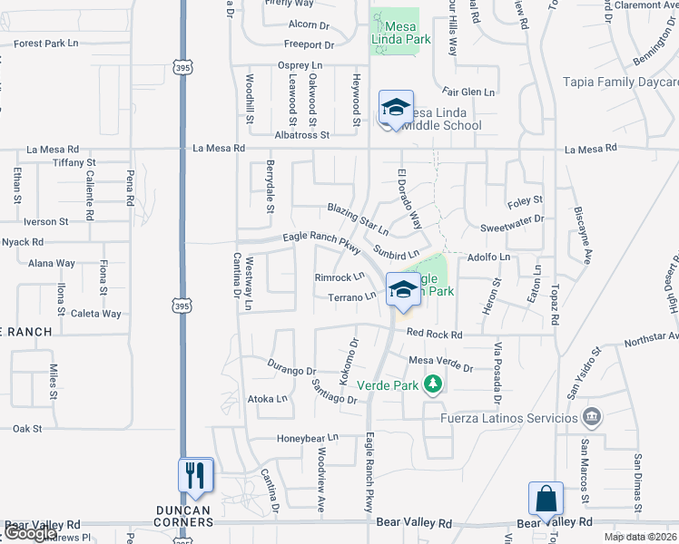 map of restaurants, bars, coffee shops, grocery stores, and more near 12663 Mesa Linda Avenue in Victorville