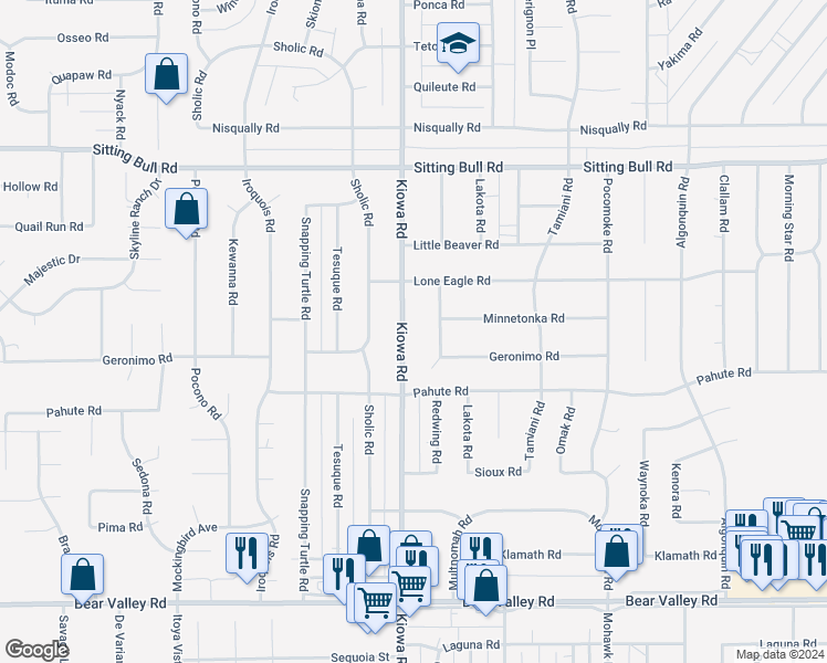 map of restaurants, bars, coffee shops, grocery stores, and more near 12579 Kiowa Road in Apple Valley