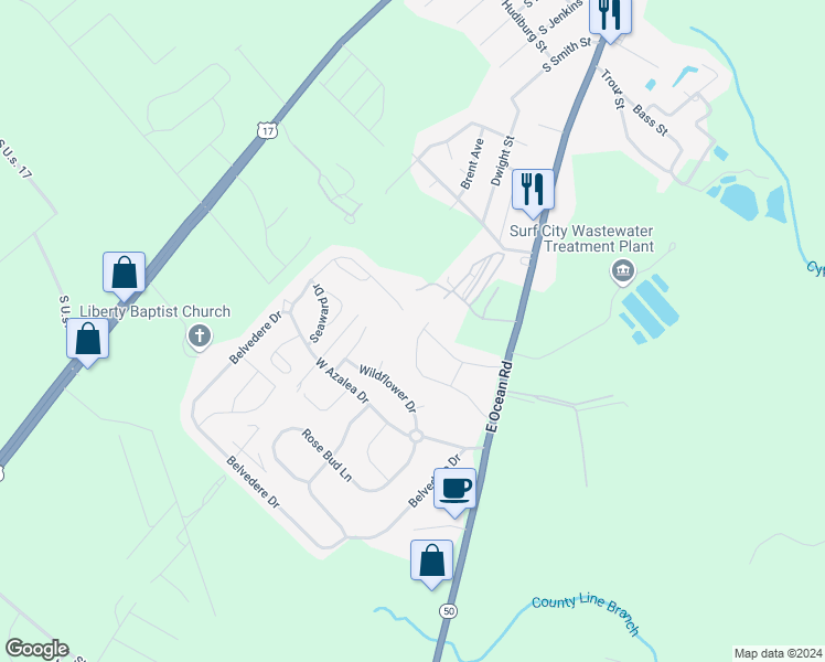 map of restaurants, bars, coffee shops, grocery stores, and more near 227 Chalet Road in Holly Ridge
