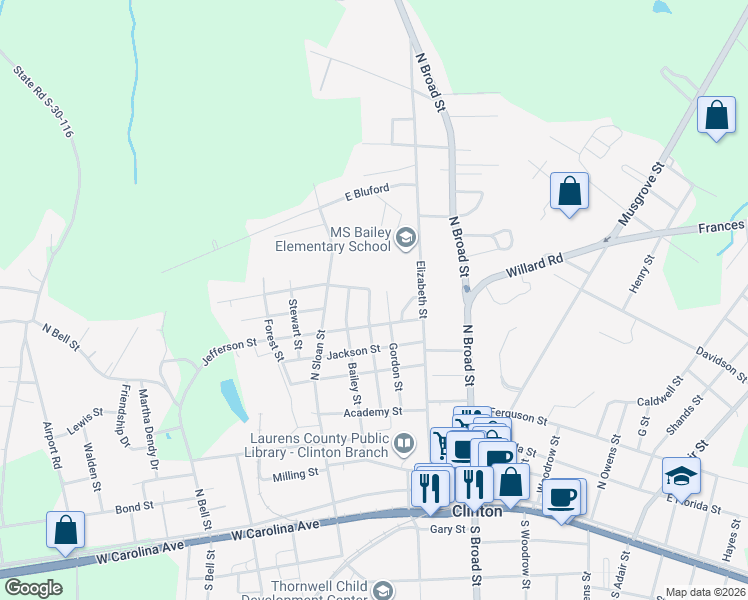 map of restaurants, bars, coffee shops, grocery stores, and more near 404 Florence Street in Clinton