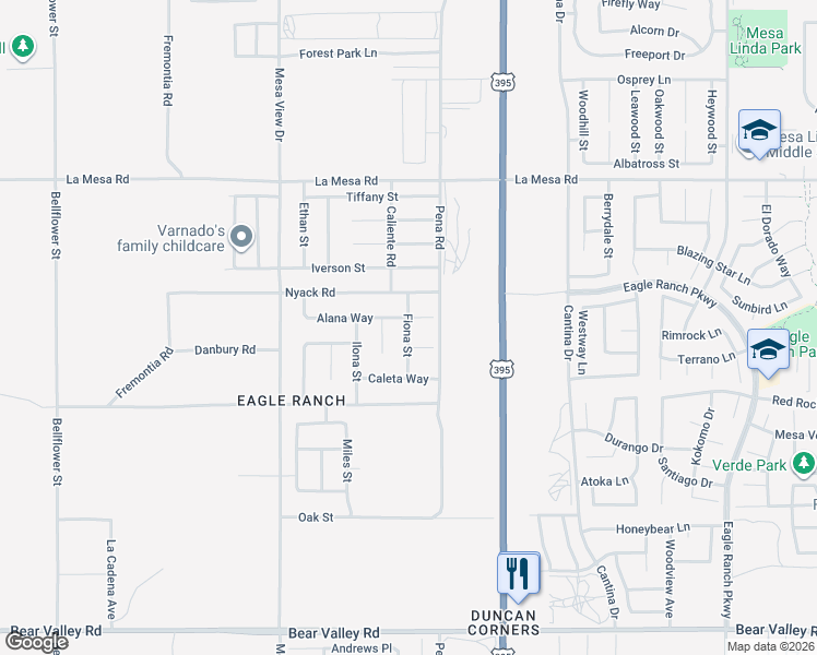 map of restaurants, bars, coffee shops, grocery stores, and more near Fiona Street in Victorville