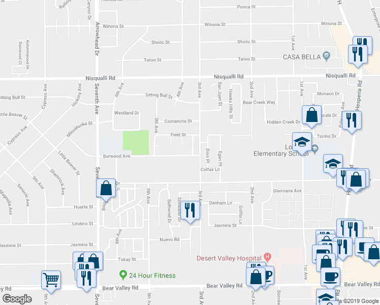 map of restaurants, bars, coffee shops, grocery stores, and more near 16450 Burwood Avenue in Victorville