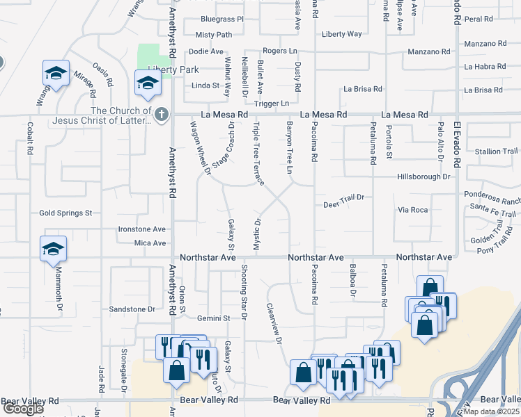 map of restaurants, bars, coffee shops, grocery stores, and more near 12598 Buckboard Circle in Victorville