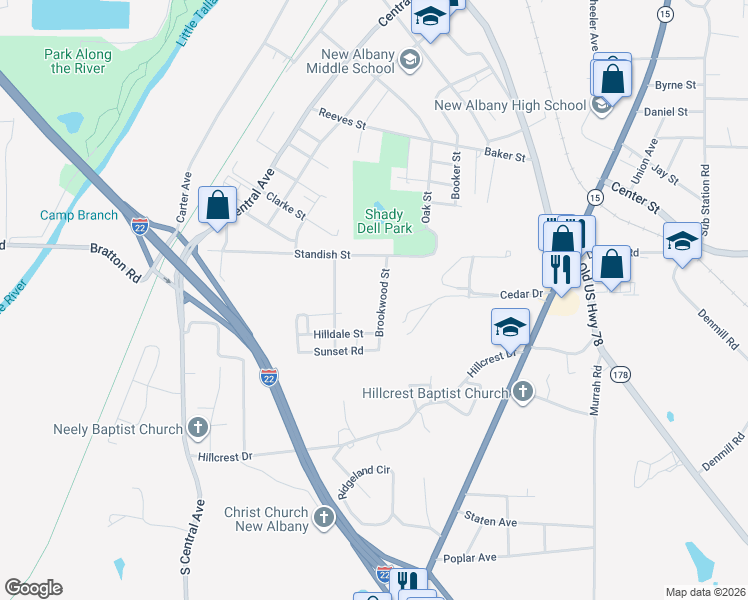 map of restaurants, bars, coffee shops, grocery stores, and more near 801-819 Brookwood Street in New Albany