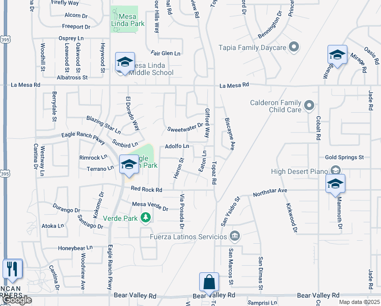 map of restaurants, bars, coffee shops, grocery stores, and more near 12640 Mann Street in Victorville