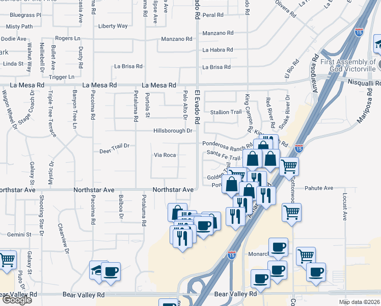 map of restaurants, bars, coffee shops, grocery stores, and more near 14448 Via Roca in Victorville