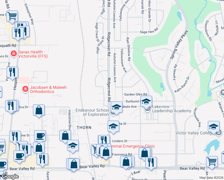 map of restaurants, bars, coffee shops, grocery stores, and more near 12606 Autumn Leaves Avenue in Victorville