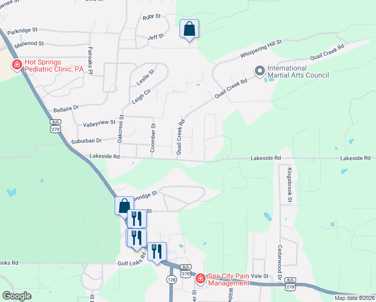map of restaurants, bars, coffee shops, grocery stores, and more near 104 Quail Creek Road in Hot Springs