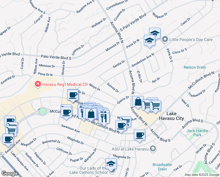 map of restaurants, bars, coffee shops, grocery stores, and more near 114 Sunray Drive in Lake Havasu City