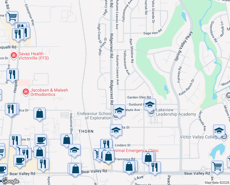 map of restaurants, bars, coffee shops, grocery stores, and more near 12606 Autumn Leaves Avenue in Victorville