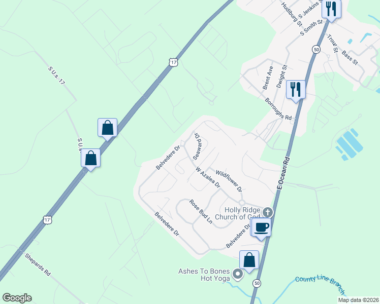 map of restaurants, bars, coffee shops, grocery stores, and more near 204 West Azalea Drive in Holly Ridge