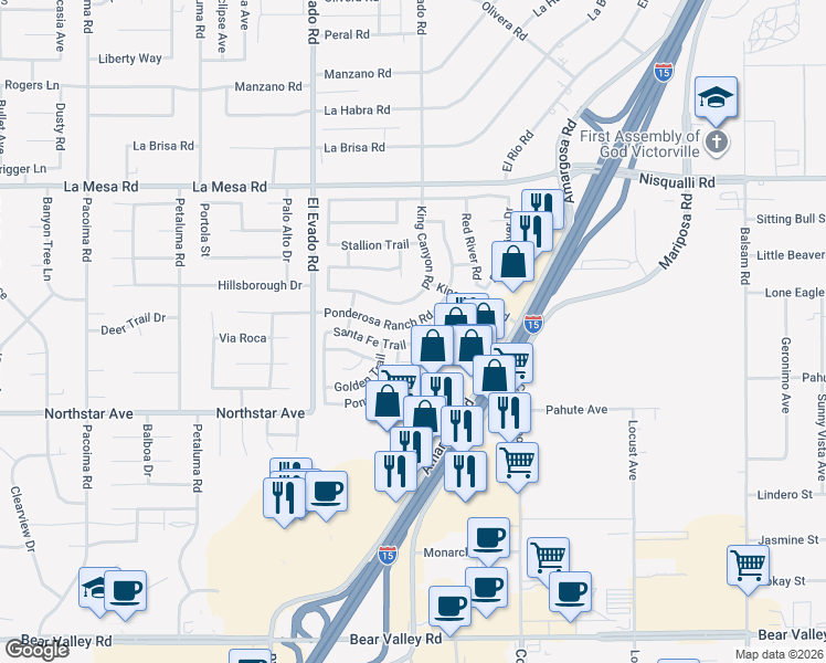 map of restaurants, bars, coffee shops, grocery stores, and more near 14671 Ponderosa Ranch Road in Victorville