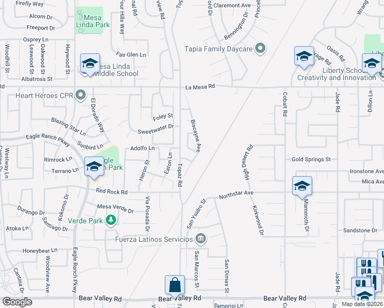 map of restaurants, bars, coffee shops, grocery stores, and more near 12646 Carbon Mesa Way in Victorville