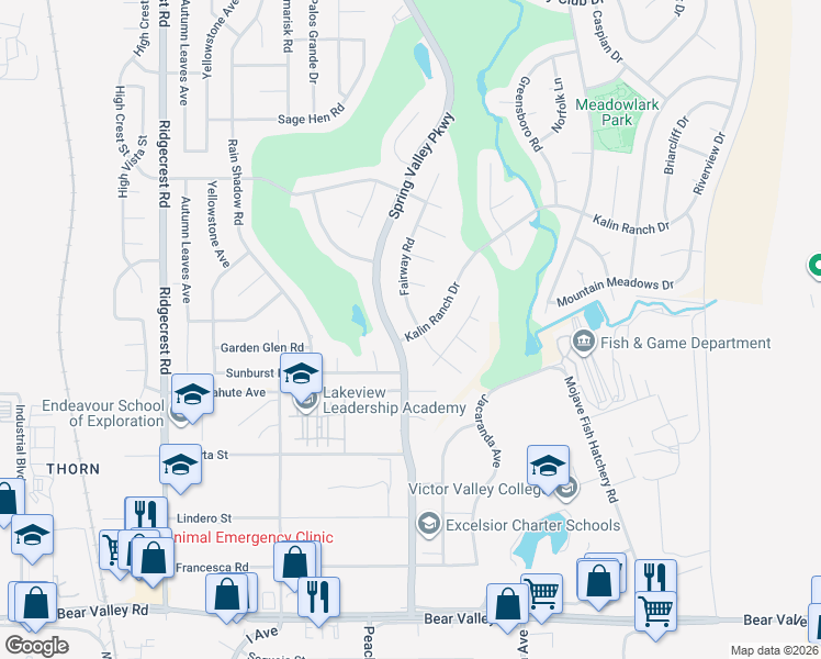 map of restaurants, bars, coffee shops, grocery stores, and more near 18172 Kalin Ranch Drive in Victorville
