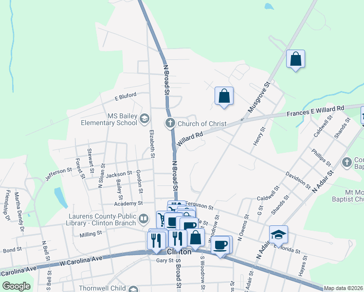 map of restaurants, bars, coffee shops, grocery stores, and more near 100 Willard Road in Clinton