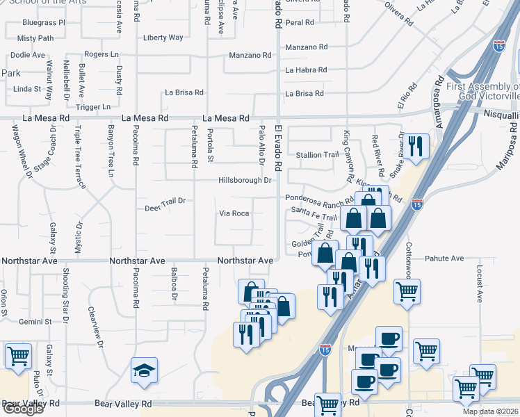 map of restaurants, bars, coffee shops, grocery stores, and more near 14448 Via Roca in Victorville