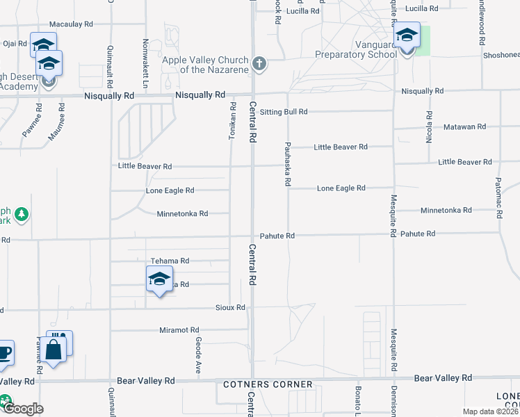 map of restaurants, bars, coffee shops, grocery stores, and more near 12575 Central Road in Apple Valley