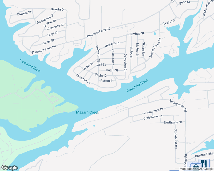map of restaurants, bars, coffee shops, grocery stores, and more near 417 Houston Drive in Hot Springs