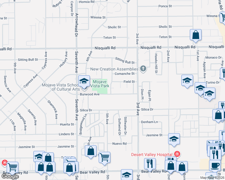 map of restaurants, bars, coffee shops, grocery stores, and more near 12621 Garden Way in Victorville