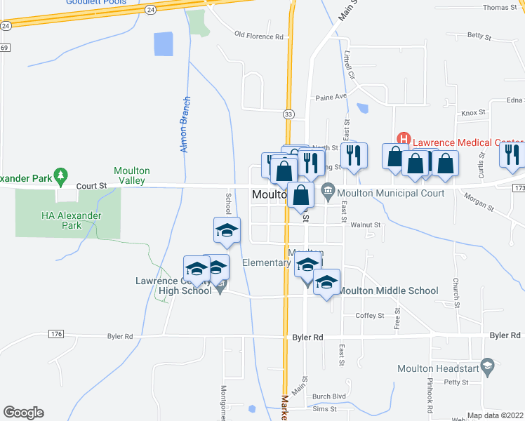 map of restaurants, bars, coffee shops, grocery stores, and more near 641 Big Nance Street in Moulton