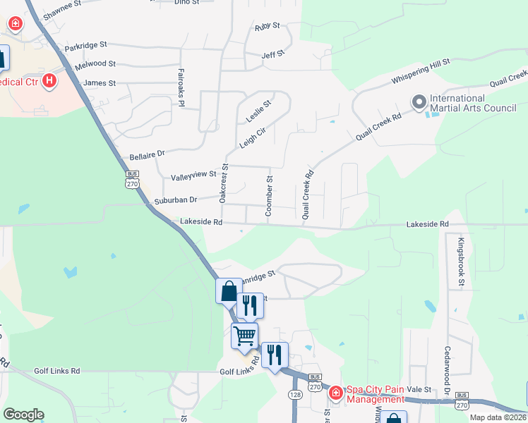 map of restaurants, bars, coffee shops, grocery stores, and more near 204 Coomber Street in Hot Springs