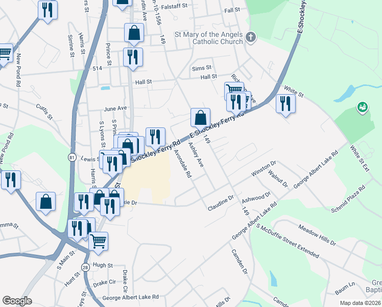 map of restaurants, bars, coffee shops, grocery stores, and more near 106 Ashley Ave in Anderson