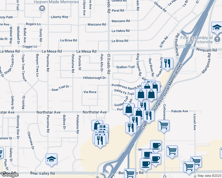 map of restaurants, bars, coffee shops, grocery stores, and more near 14510 Santa Fe Trail in Victorville