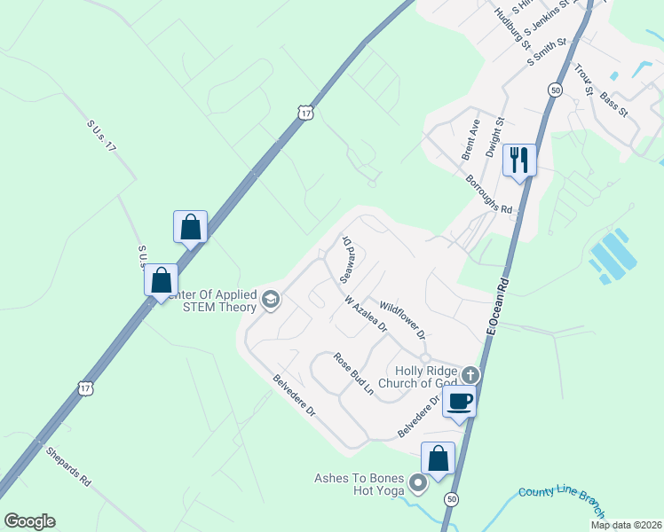 map of restaurants, bars, coffee shops, grocery stores, and more near 209 West Azalea Drive in Holly Ridge