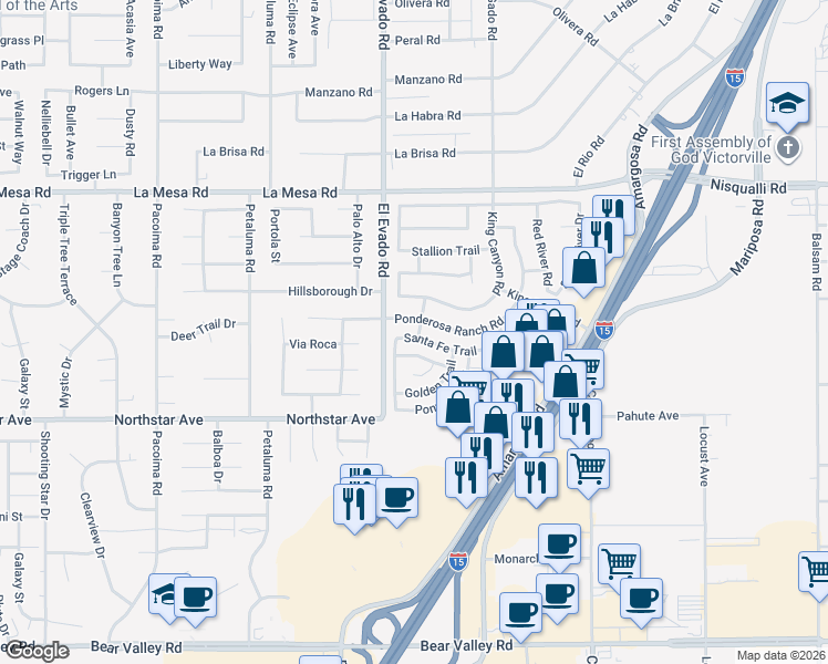 map of restaurants, bars, coffee shops, grocery stores, and more near 14558 Santa Fe Trail in Victorville