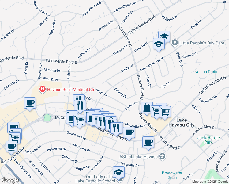 map of restaurants, bars, coffee shops, grocery stores, and more near 114 Sunray Drive in Lake Havasu City