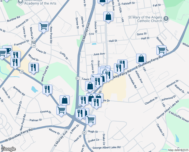 map of restaurants, bars, coffee shops, grocery stores, and more near 57 South Lyons Street in Anderson