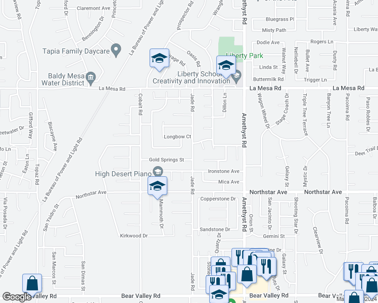 map of restaurants, bars, coffee shops, grocery stores, and more near 12654 Jade Road in Victorville