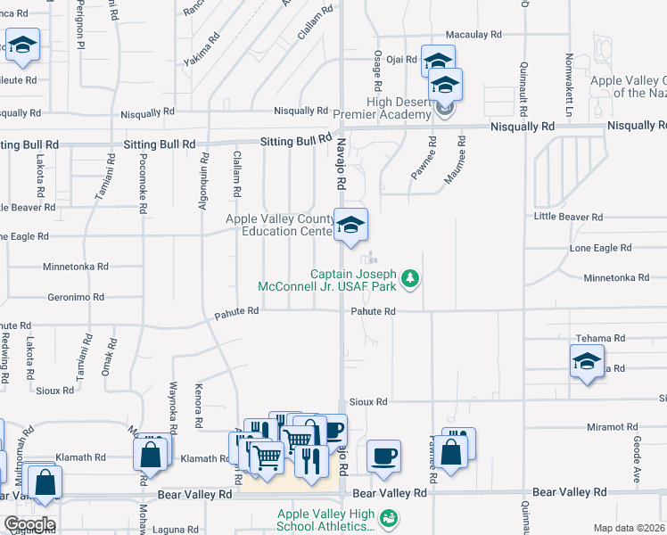 map of restaurants, bars, coffee shops, grocery stores, and more near 12598 Navajo Road in Apple Valley