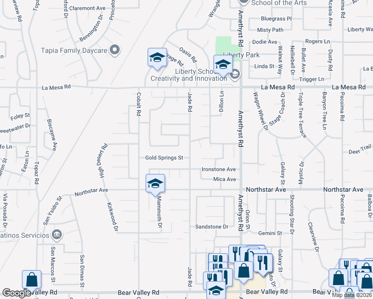 map of restaurants, bars, coffee shops, grocery stores, and more near 12654 Jade Road in Victorville