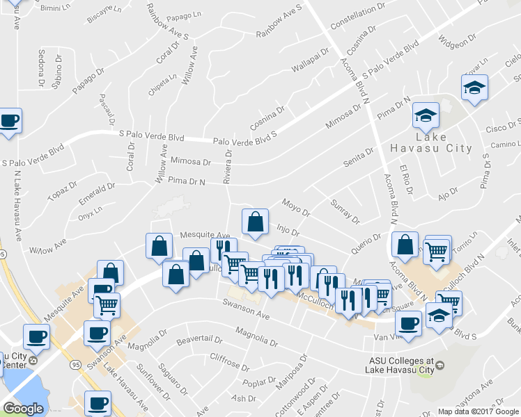 map of restaurants, bars, coffee shops, grocery stores, and more near 2015 Moyo Drive in Lake Havasu City