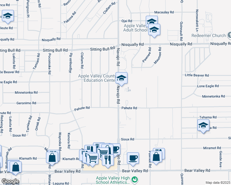 map of restaurants, bars, coffee shops, grocery stores, and more near 12598 Navajo Road in Apple Valley