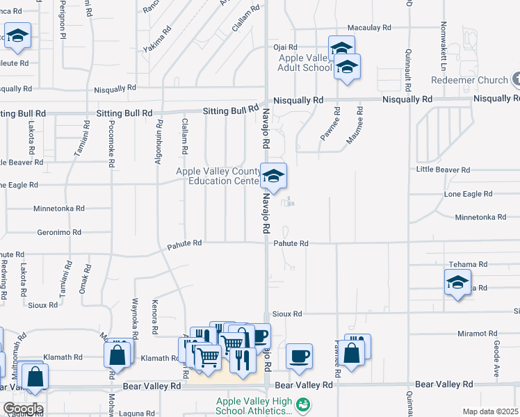 map of restaurants, bars, coffee shops, grocery stores, and more near 12598 Navajo Road in Apple Valley