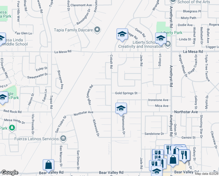 map of restaurants, bars, coffee shops, grocery stores, and more near 12650 Cobalt Road in Victorville