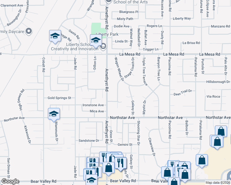 map of restaurants, bars, coffee shops, grocery stores, and more near 12660 Stage Coach Drive in Victorville