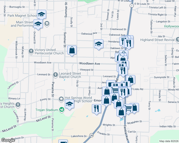 map of restaurants, bars, coffee shops, grocery stores, and more near 305 Vineyard Street in Hot Springs