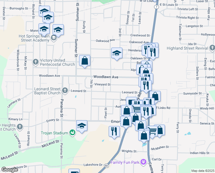 map of restaurants, bars, coffee shops, grocery stores, and more near 305 Vineyard Street in Hot Springs
