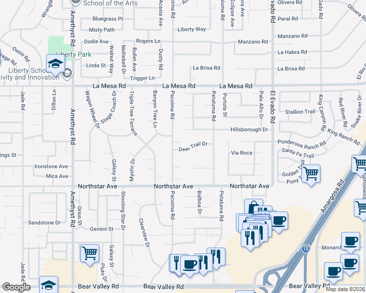 map of restaurants, bars, coffee shops, grocery stores, and more near 14133 Pacoima Court in Victorville