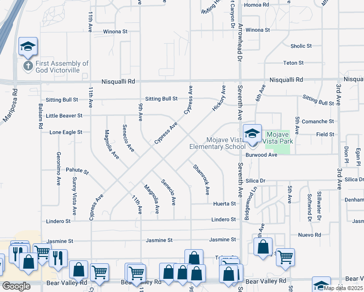 map of restaurants, bars, coffee shops, grocery stores, and more near 12645 Hickory Avenue in Victorville