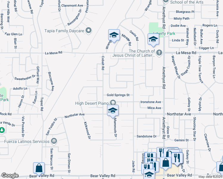 map of restaurants, bars, coffee shops, grocery stores, and more near 13351 Desert Primrose Lane in Victorville