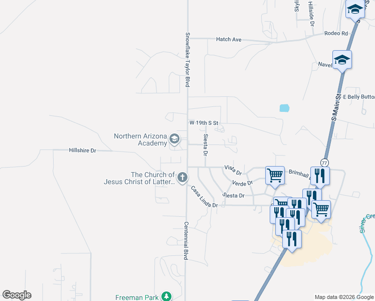 map of restaurants, bars, coffee shops, grocery stores, and more near 600 Centennial Boulevard in Snowflake